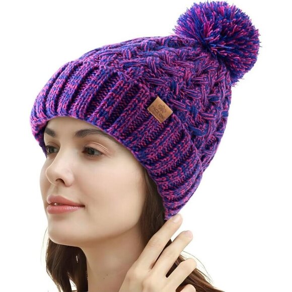 Women’s Dark Rose Winter Ribbed Beanie Hat Chunky Cable Knit Pompom Warm